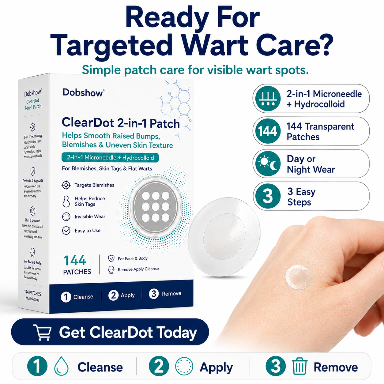 Dobshow®ClearDot 2-in-1 Patch | Helps Smooth Raised Bumps, Blemishes & Uneven Skin Texture