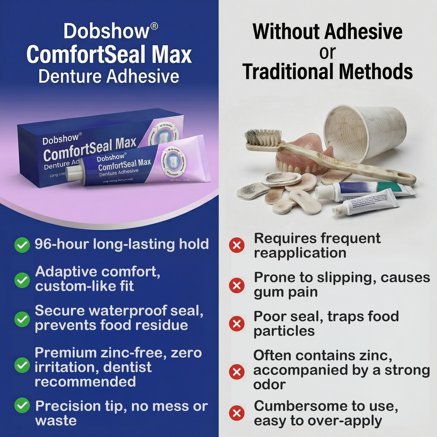 ✨Dobshow® ComfortSeal Max Denture Adhesive—🦷96-hour long-lasting, heat adaptive technology