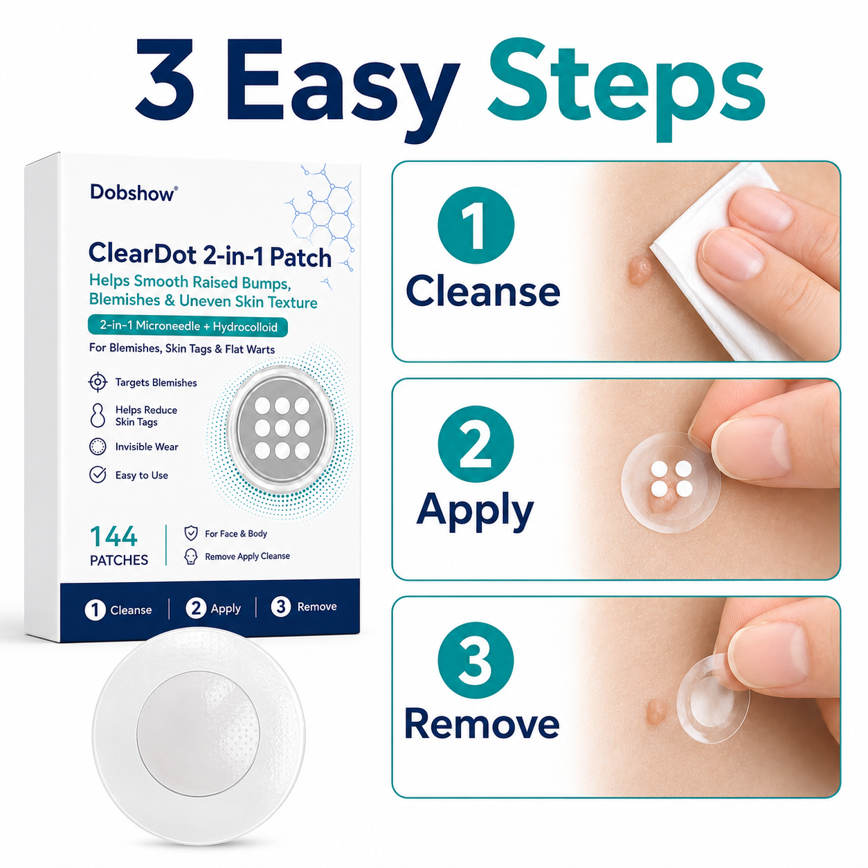 Dobshow®ClearDot 2-in-1 Patch | Helps Smooth Raised Bumps, Blemishes & Uneven Skin Texture