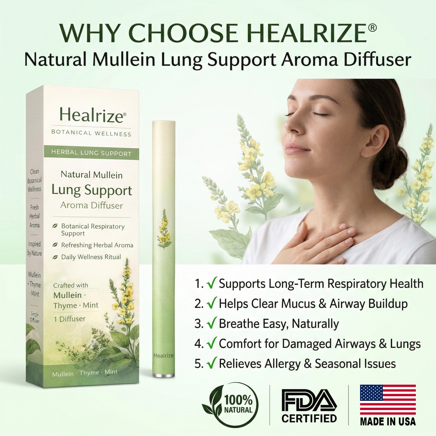🍃Healrize® Natural Mullein Lung Support Aroma Diffuser – Deep Lung Cleanse Support